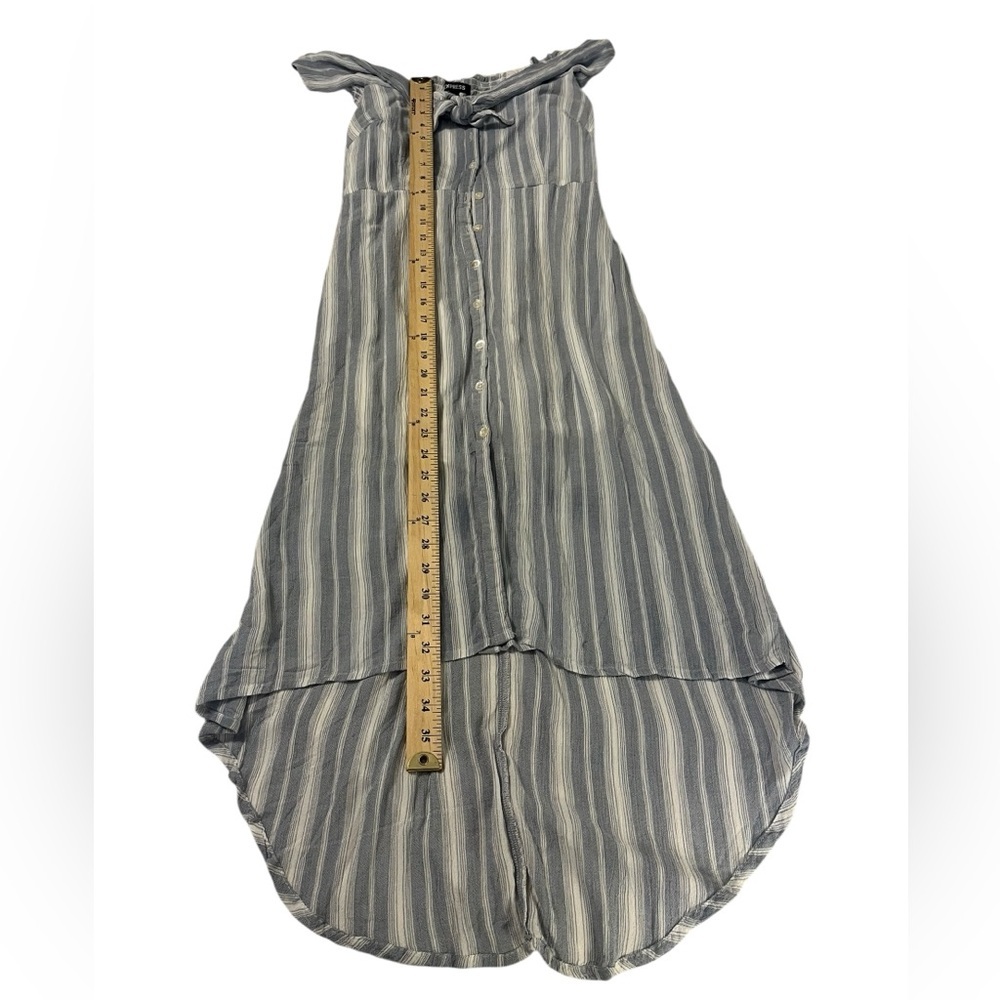 Coastal Cottagecore Boho Fairy Striped Midi Dress Blue White Tie Neck Button XS - Picture 4 of 5